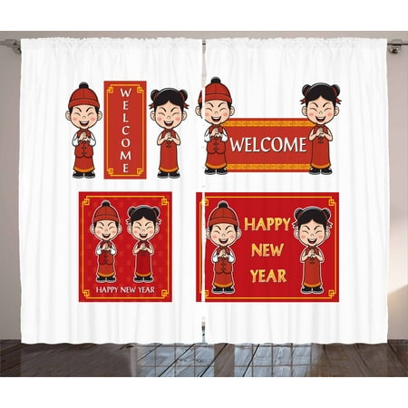 Chinese New Year Curtains 2 Panels Set, Happy Wishes and Greeting with Little Boys Girls Joyful Lunar Festival, Window Drapes for Living Room Bedroom, 108W X 84L Inches, Multicolor, by