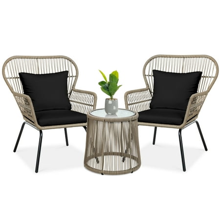 Best Choice Products 3-Piece Patio Conversation Bistro Set Outdoor Wicker w/ 2 Chairs Cushions Table - Natural/Black