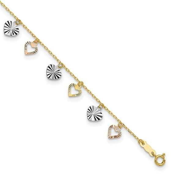 Primal Gold 14 Karat Tri-Color Heart 9-inch Plus 1-inch Extension Anklet
