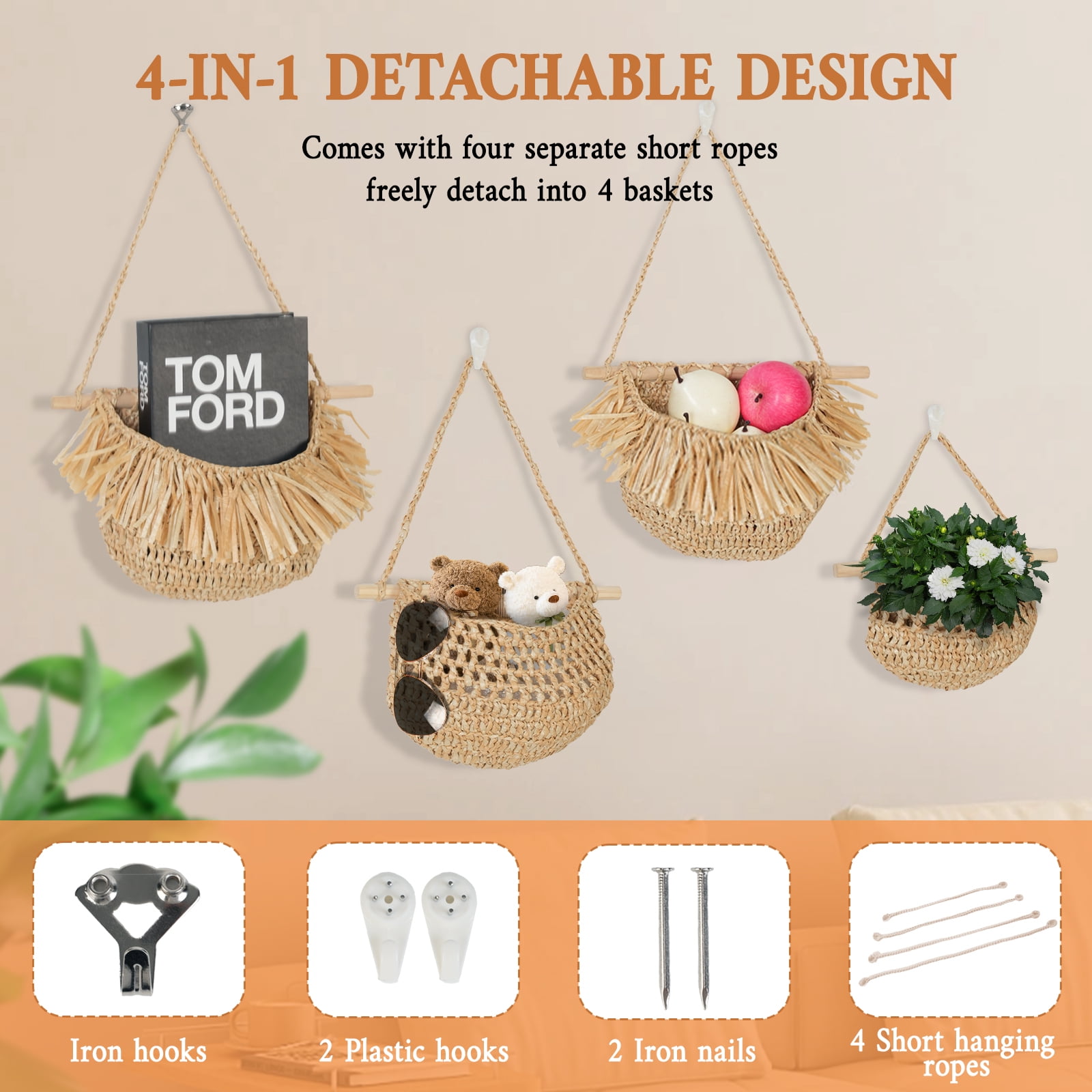 Hanging Fruit Basket, ZUEXT 4 Tier Over the Door Organizer, Handmade Woven Jute Wall Baskets for Organizing, BOHO Decor, Storage for Kitchen, Living & Bathroom Bedroom.