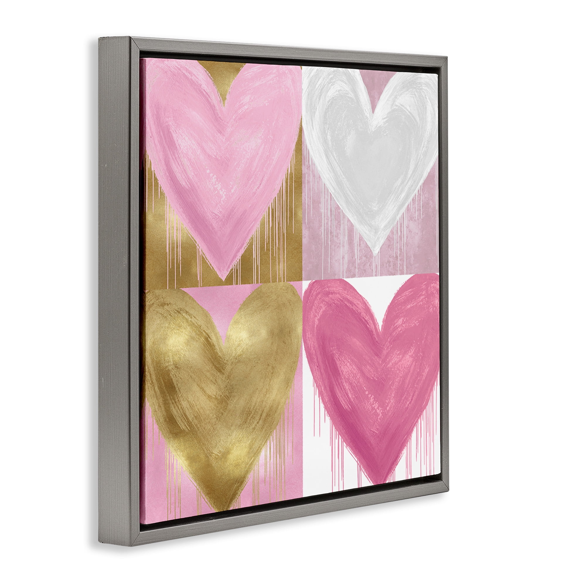 Stupell Industries Pink & Gold Glam Hearts Art for Kids Painting Gray Floater Framed Canvas Art Print Wall Art, 18 x 18