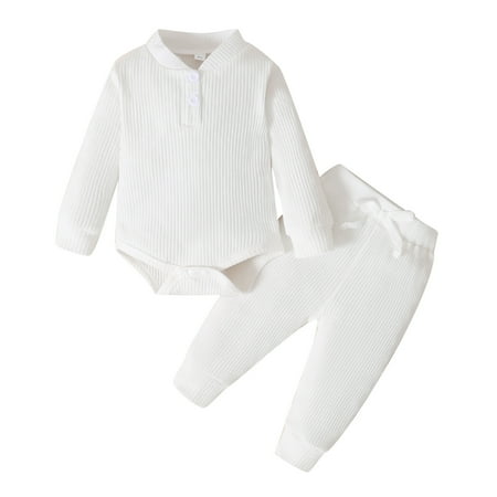 

Kucnuzki 9 Months Baby Boy Winter Outfits Pants Sets 12 Months Long Sleeve Solid Color Pit Stripe Comfort Romper Tops Elastic Pants 2PCS Set White