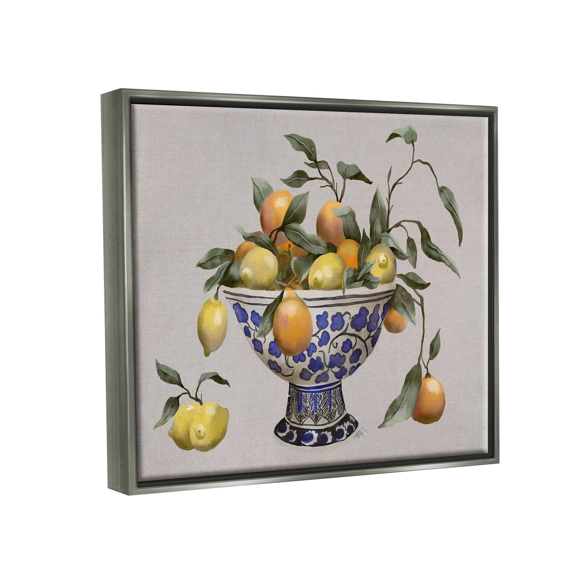 Stupell Industries Mixed Citrus Fruits Leaves Patterned Pottery Bowl Graphic Art Luster Gray Floating Framed Canvas Print Wall Art, Design by Elizabeth Medley