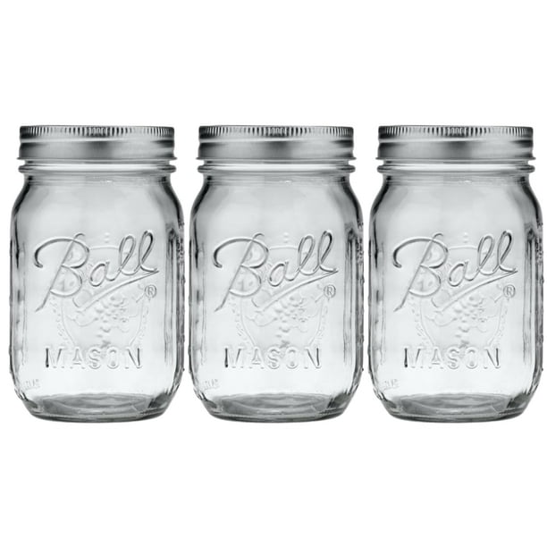 Tarro Mason Ball de Vidrio Boca Regular 480 mL Tamaño Pinta (Paquete de 3)