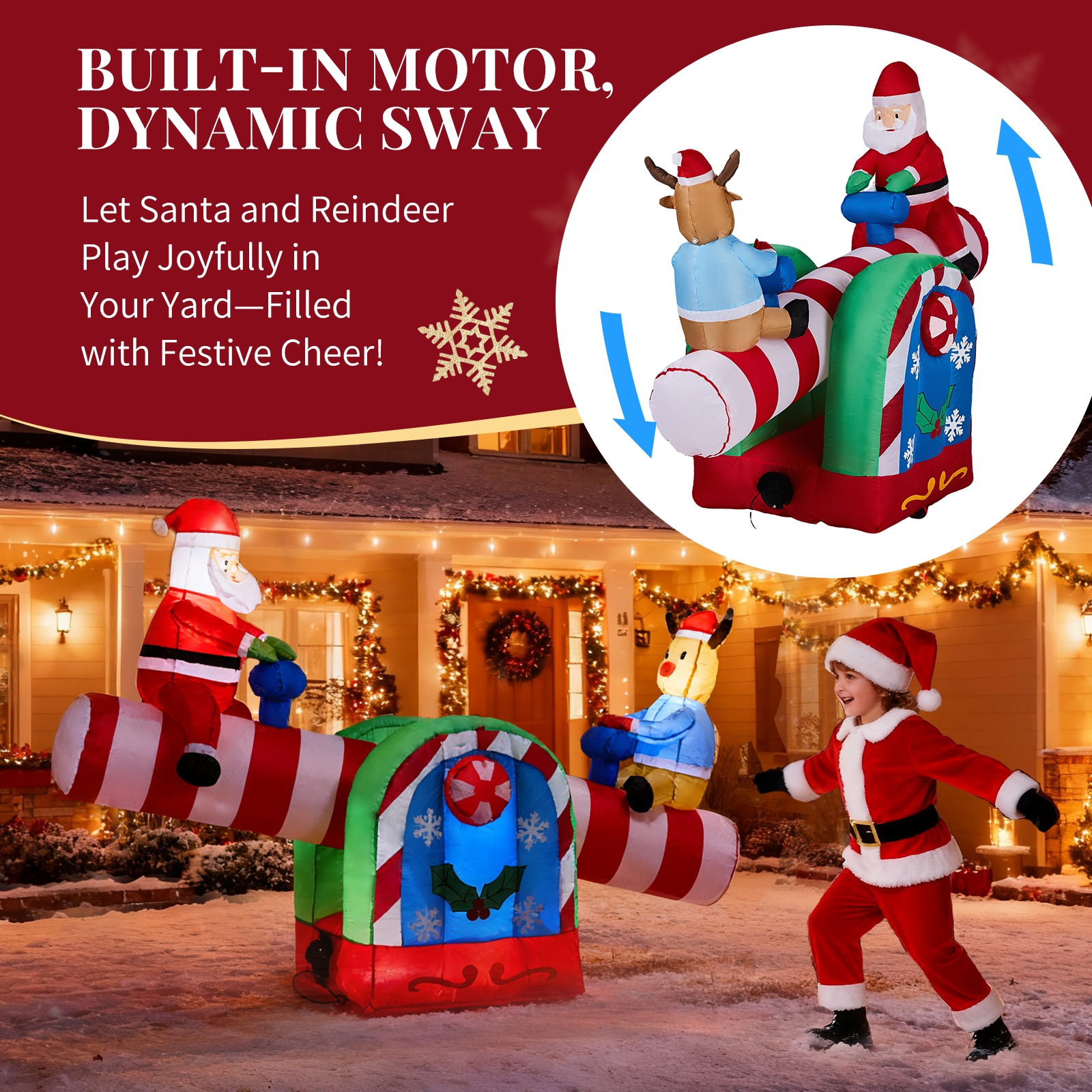 Astoutdoor Lighted Christmas Inflatable Decoration, Motorized Seesaw with Santa and Reindeer, 55.1 x 28.3 x 47.2 in, Built-in LED Lights, Blow Up Yard Decor