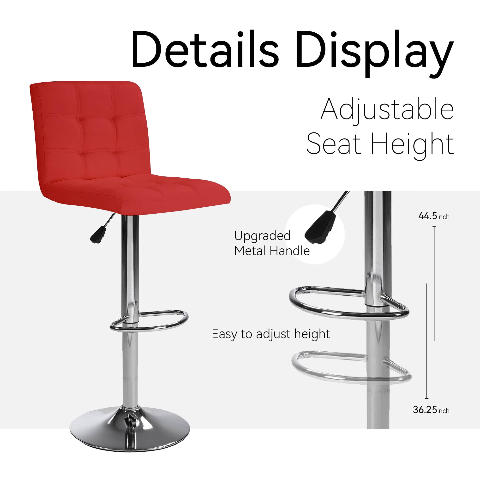 Aukfa Bar Stools Set of 2, Counter Height Adjustable PU Leather Swivel Bar Chairs with Back and Footrest for Kitchen and Dining Room, Red
