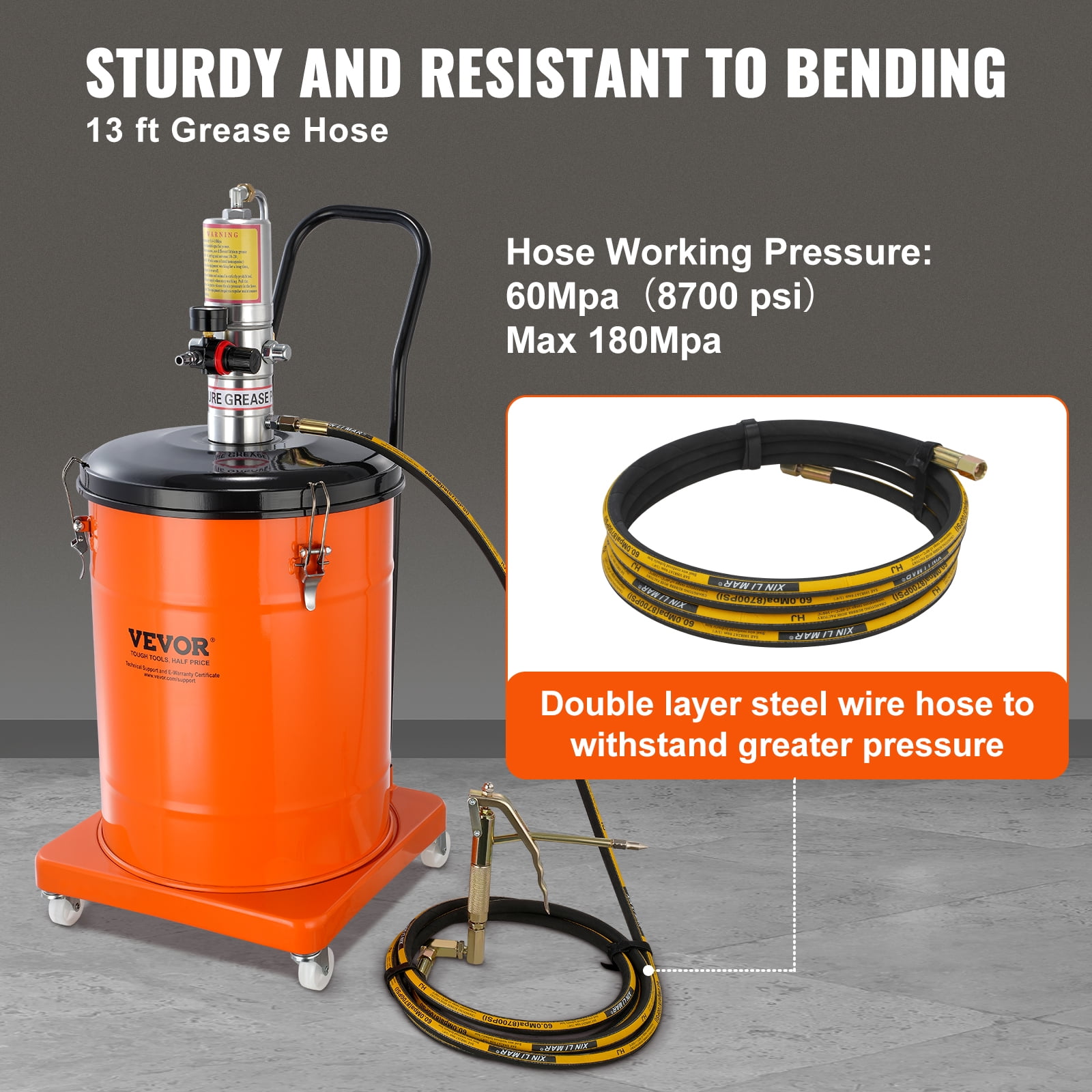 VEVOR Grease Pump, 10.5 Gallon 40L Air Operated Grease Pump with 13 ft High Pressure Hose and Grease Gun, Pneumatic Grease Bucket Pump with Wheels, Lubrication Grease Pump 50:1 Pressure Ratio