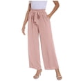 thumbnail image 3 of Huowey Women's Pants Solid Color High Waist Wide Leg Loose Lace Up Casual Pants Straight Leg Pants, 3 of 8