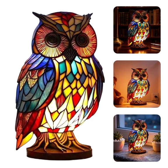 Owl Lamp Tiffany Style Stained Vintage Resin Colorful Tiffany Owl Table Lamps for Bedroom Living Room Nursery Office, Whimsical Animal Desk Lamp, Birthday Gifts for Girl Mother Grandmother Woman.