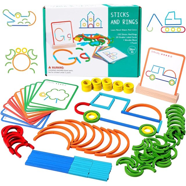 Wooden Pattern Blocks Set with Sticks and Rings - Montessori Shape Puzzles for 3-8 Year Olds, Ideal Educational Toy for Preschool and Kindergarten Kids,A
