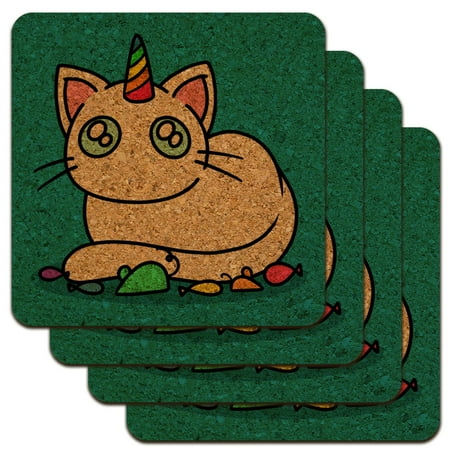 

Unicorn Cat with Rainbow Mouse Toys Low Profile Novelty Cork Coaster Set