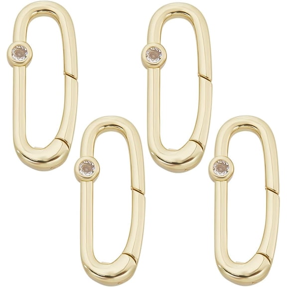 1 Box 4Pcs Real 18K Gold Plated Oval Spring Clip Spring Keychain Ring Brass with Cubic Zirconia Trigger Gate Snap Hook Carabiner Clasp Buckle for Purse Jewelry Bag Lanyard Keychain DIY Craft