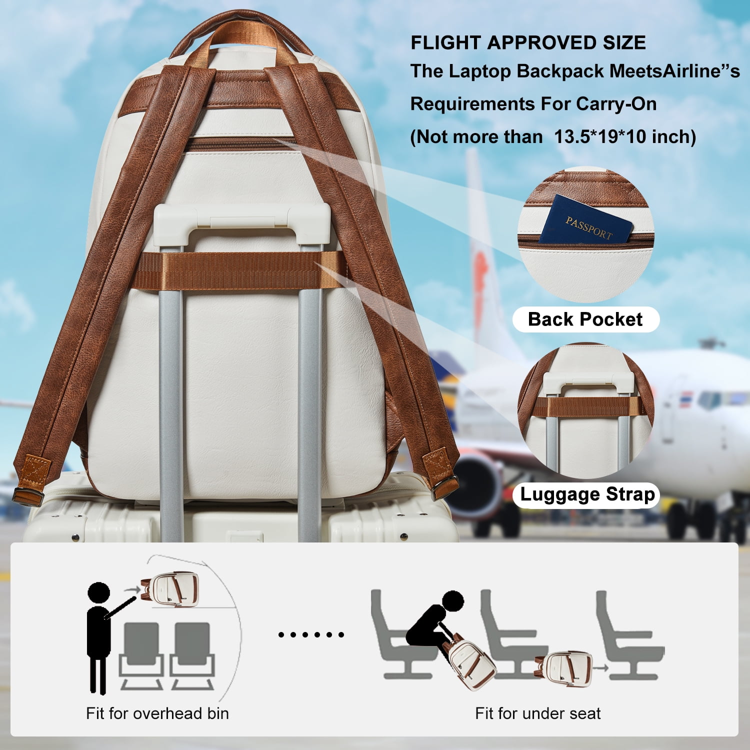 43L Vegan Leather Backpack for Women & Men, Travel Carry On Backpack, College Bookbag, Work Laptop Backpack fits 17 inch Laptop，Beige