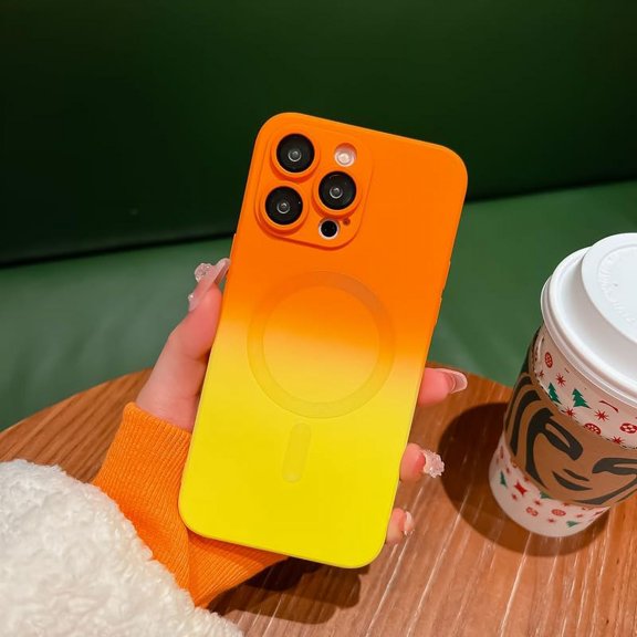 Magnetic Case for iPhone 15 Pro Max 6.7 inch, Luxury Gradient Neon Color Case Compatible with MagSafe Charger Cover with Camera Lens Protector Silicone Case for Women and Girl-Orange Yellow