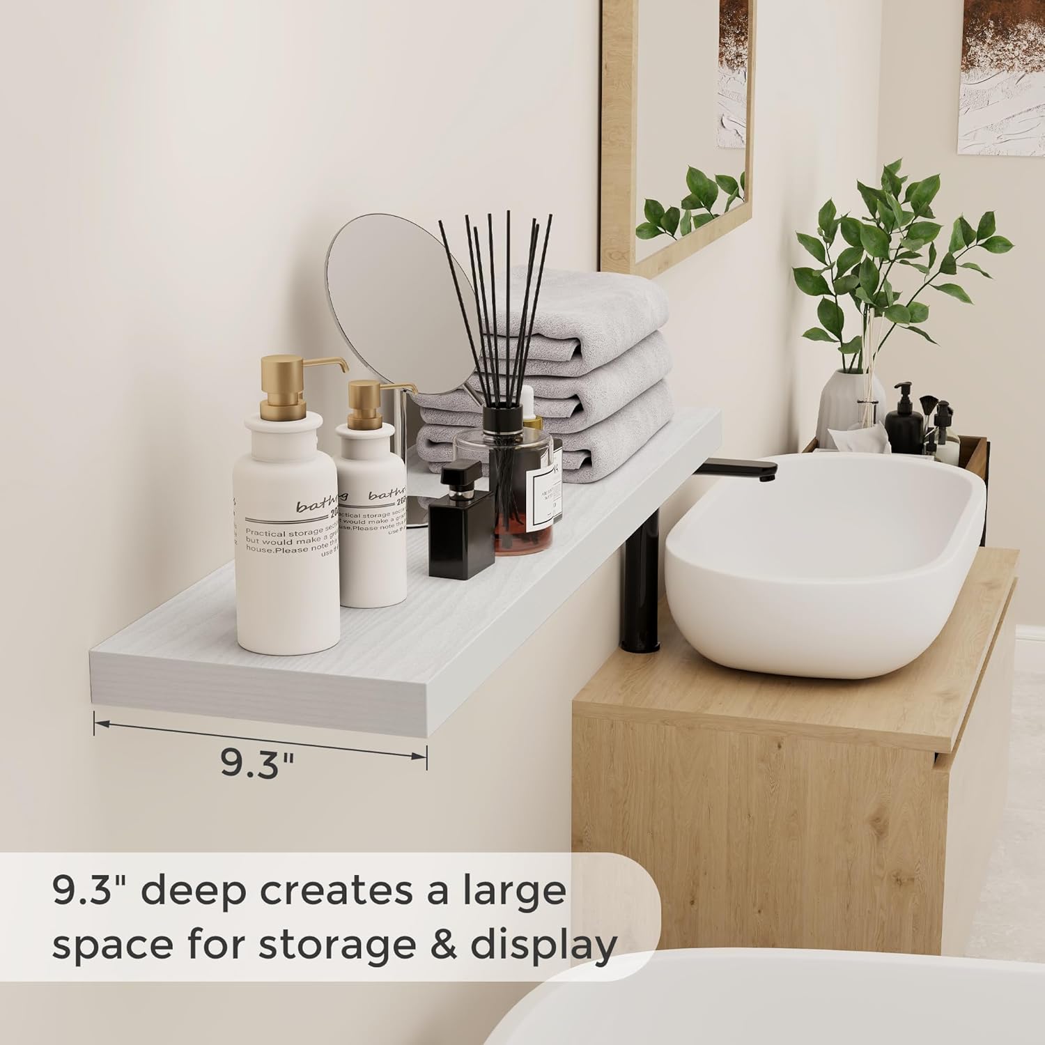 Floating Shelves White 36 Inch Long, 9.3" Deep Floating Shelf Wall Mounted, Rustic Deep Bookshelf, Large Display Storage Shelves for Bathroom, Bedroom, Kitchen, 36"W x 9.3"D x 1.5"H, Set of 2