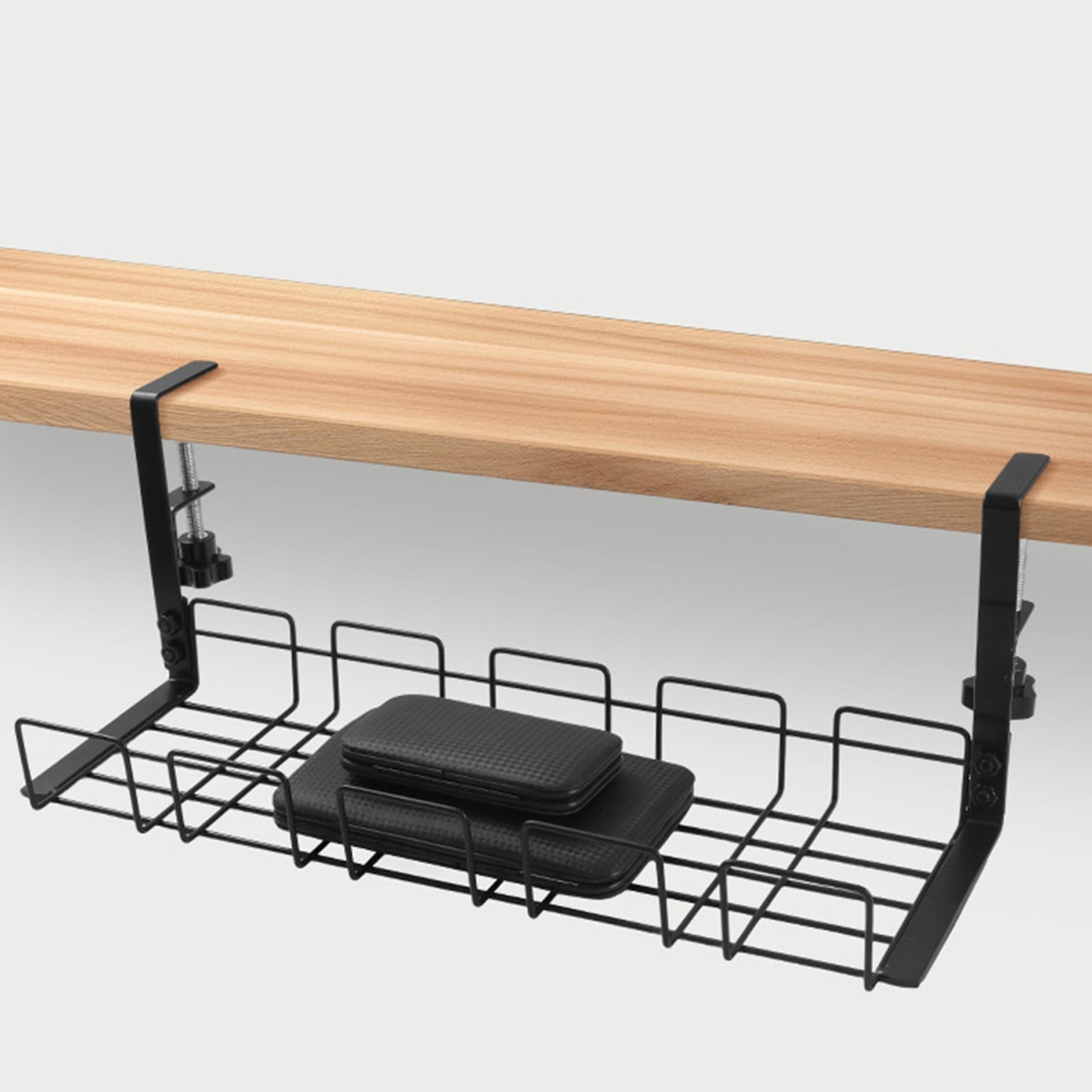 No Drill Under Desk Cable Organizer Shelf - Stainless Steel Adjustable Clamp for Office Computer Desk, Damage-Free Installation, Cable Management Solution