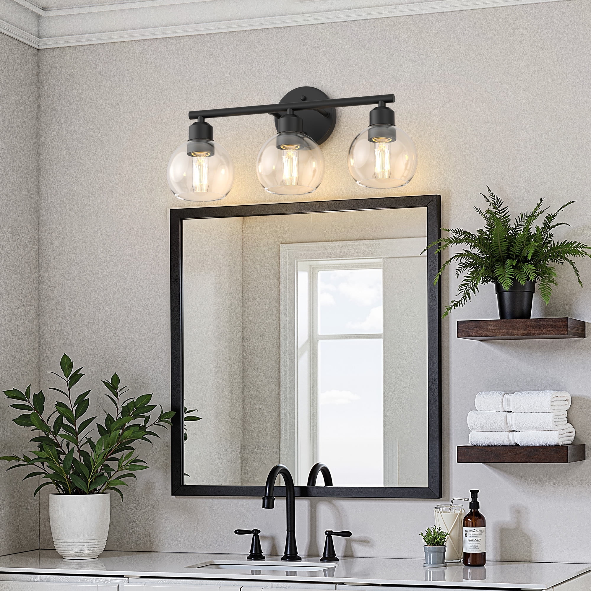 YANSUN 17.7 in 3-Light Bathroom Vanity Light Fixtures Over Mirror, Black Bathroom Light Fixtures with Clear Globe Glass Shades, for Bathroom, Powder Room, Vanity Table
