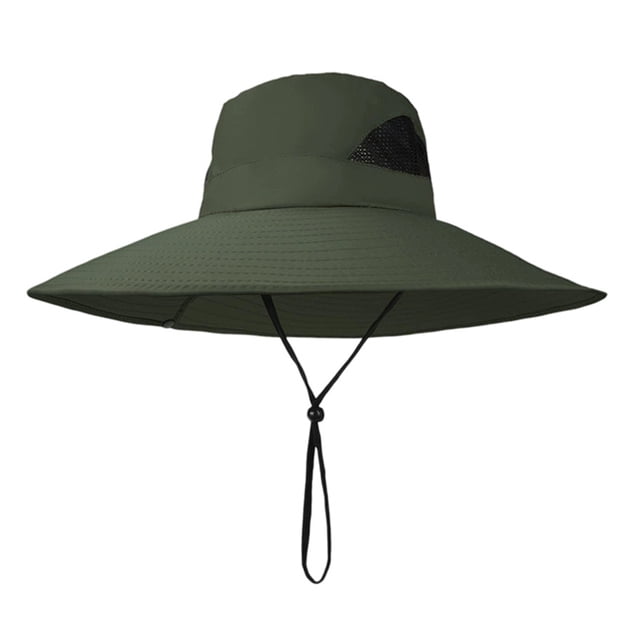 Sombrero tipo pescador de malla transpirable con ala ancha y ajuste regulable, protección UV, ideal para actividades al aire libre y plegable.