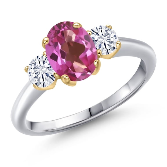 Gem Stone King 925 Silver and 10K Yellow Gold Pink Mystic Topaz and White Moissanite Engagement Ring for Women | 1.76 Cttw | Oval 8X6MM | Gemstone November Birthstone | Size 8