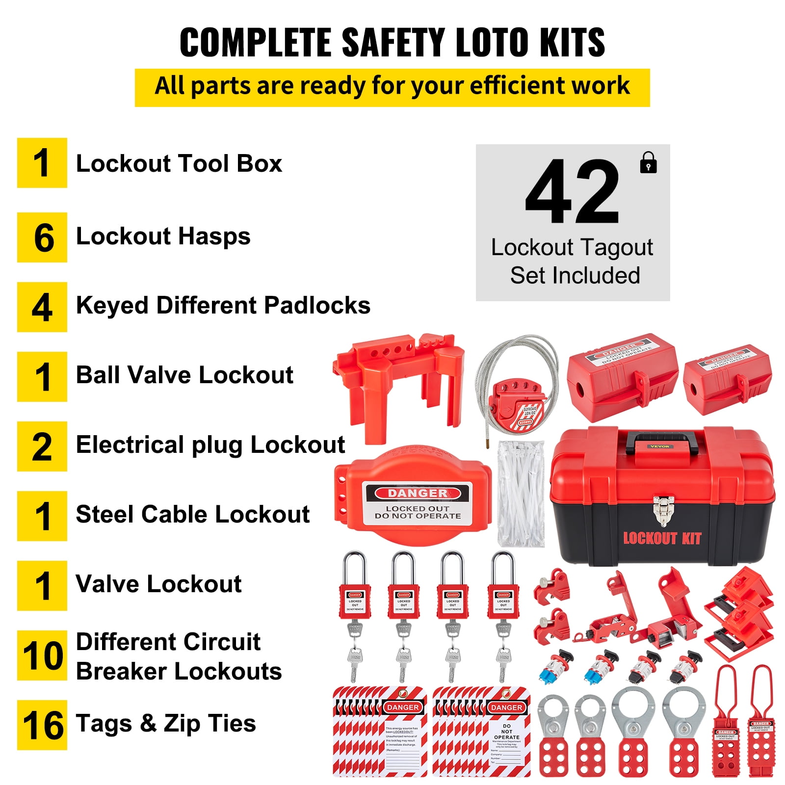 Red Keyed Different Cable Lockout Locks - 2 Keys, 10 Pack