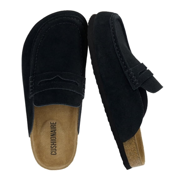 Cushionaire Fondu Genuine Leather Clogs for Women, Comfortable Slip On Womens Mules with Penny Strap Accent and Memory Foam Footbed
