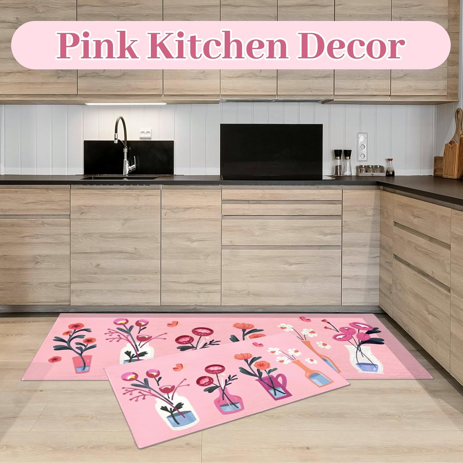 Floral Pink Kitchen Mats for Floor Set of 2, Flower Floor Mat Carpet Runner Area Rug Washable, Pink Home Kitchen Decor and Accessories Stuff, 17x30 and 17x47 Inch