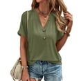 thumbnail image 2 of Solid Color V-Neck Women Short Sleeved Button Henley T-Shirt Tops, 2 of 4