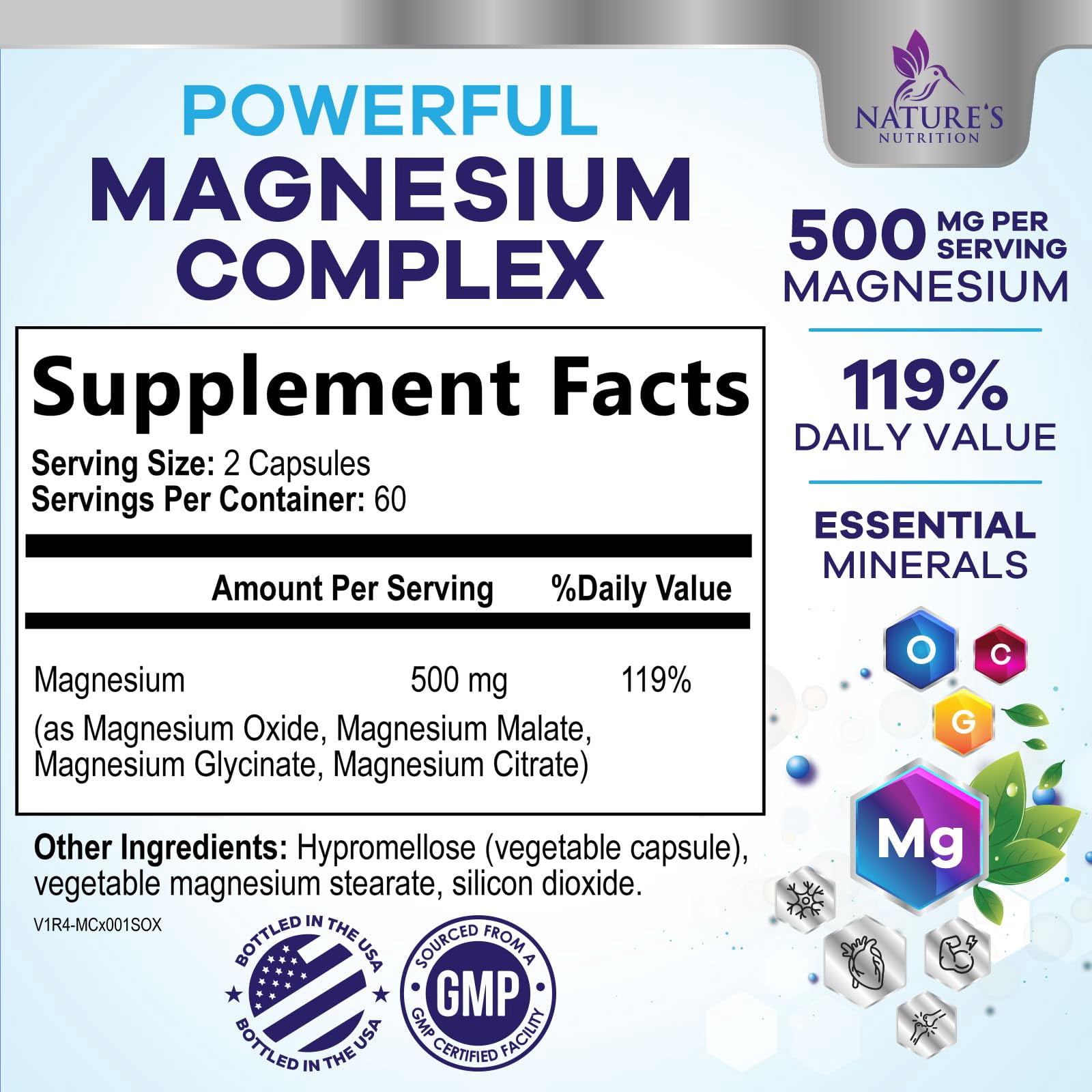 Magnesium Complex Supplement - Magnesium 500 mg Per Serving - 4 in 1 High Absorption Blend - 100% Chelated Magnesium Glycinate with Malate, Citrate & Oxide - Vegan Complex - USA Bottled, 120 Capsules