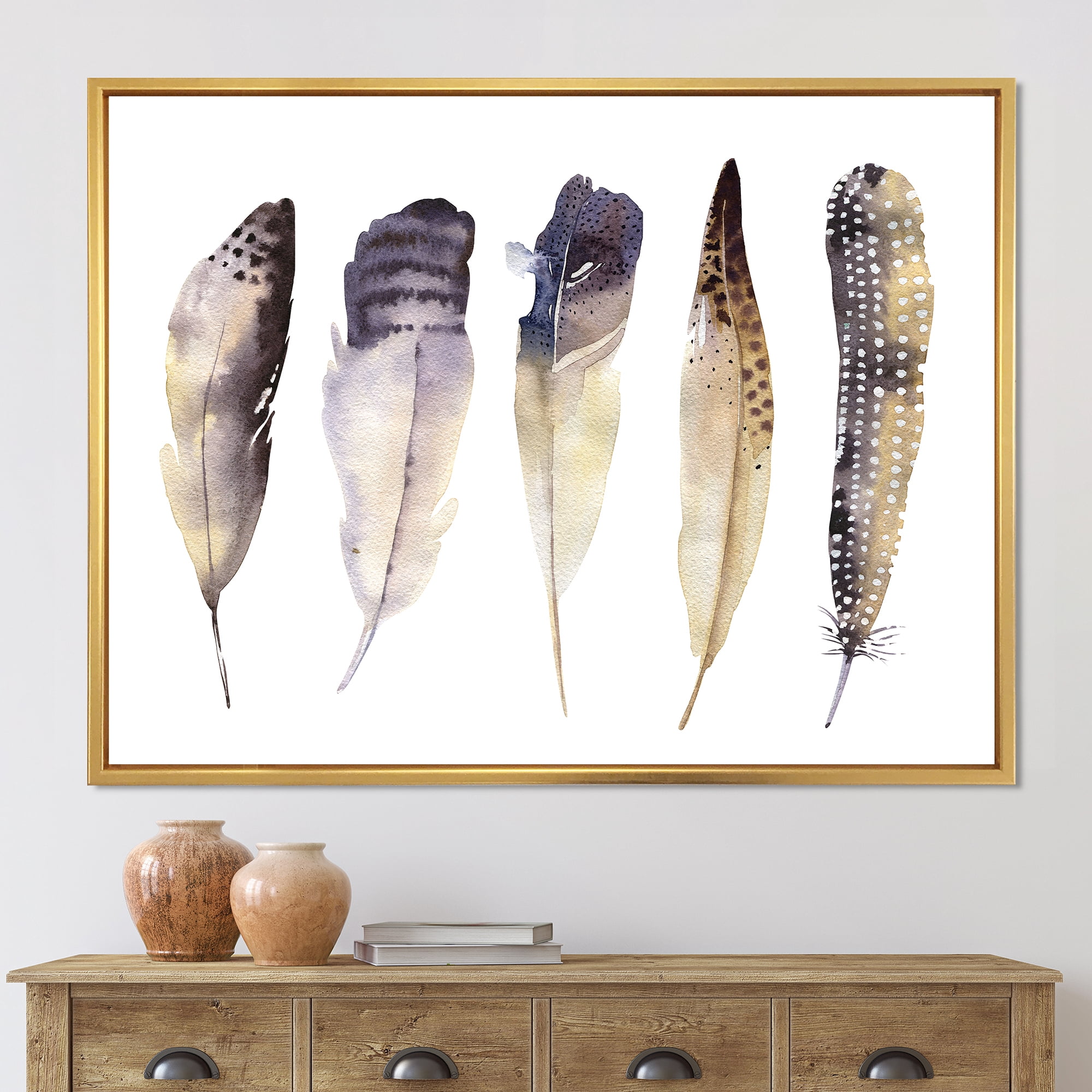 Designart 'Dark Gray Feathers Boho Ethnic II' Bohemian & Eclectic Framed Canvas Wall Art Print