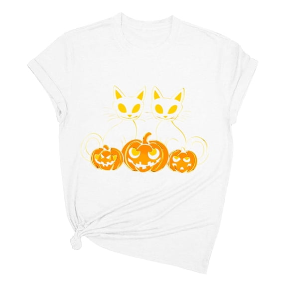 JOANKDMI Women's Halloween Shirts Black Cat and Pumpkin Graphic Tees Short Sleeve Jack-O-Lantern Tops Casual Season Fall Holiday Clothing