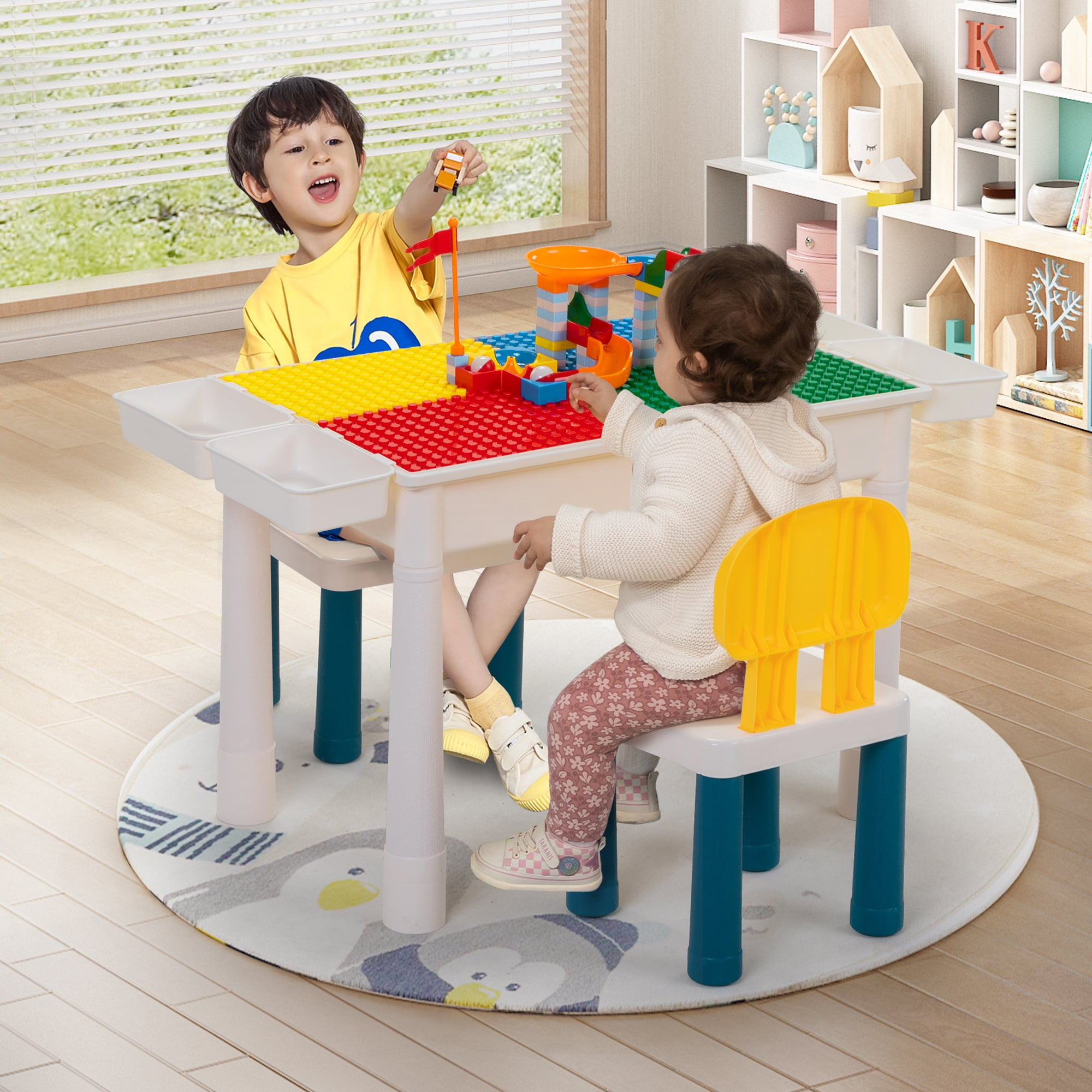 Tobbi Toddler Table and Chairs, Kids Activity Table Set with 2 Chairs, Building Block Table