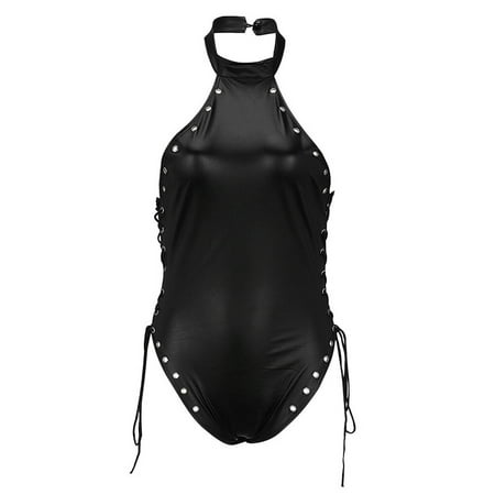 

HOMEMAXS Sexy Patent Leather Side Strips Uniforms Erotic Jumpsuits Seduces Swimsuit Erotic Clothing for Women Lady - Size 3XL(Black)