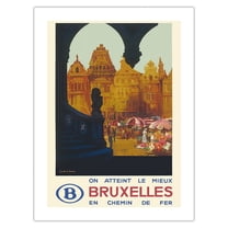 Brussels Belgium - Is Reached Best by Railway - The Grand Place - Vintage Travel Poster by Frank H. Mason c.1930 - Fine Art Matte Paper Print (Unframed) 18x24in