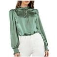 thumbnail image 2 of JWZUY Women's Elegant Tie Neck Long Sleeve Shirred Cuff Satin Blouse Top Office Business Silk Shirts Mint Green XXL, 2 of 8