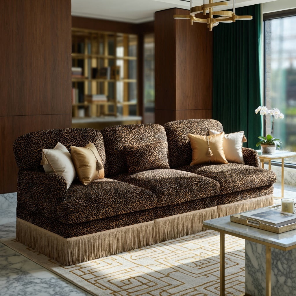 Hommoo 100" Modern Leopard Print Chenille 3-Seat Modular Sectional Sofa with Tassel Trim, Ergonomic Deep Seat & Easy Snap-Together Assembly, Brown