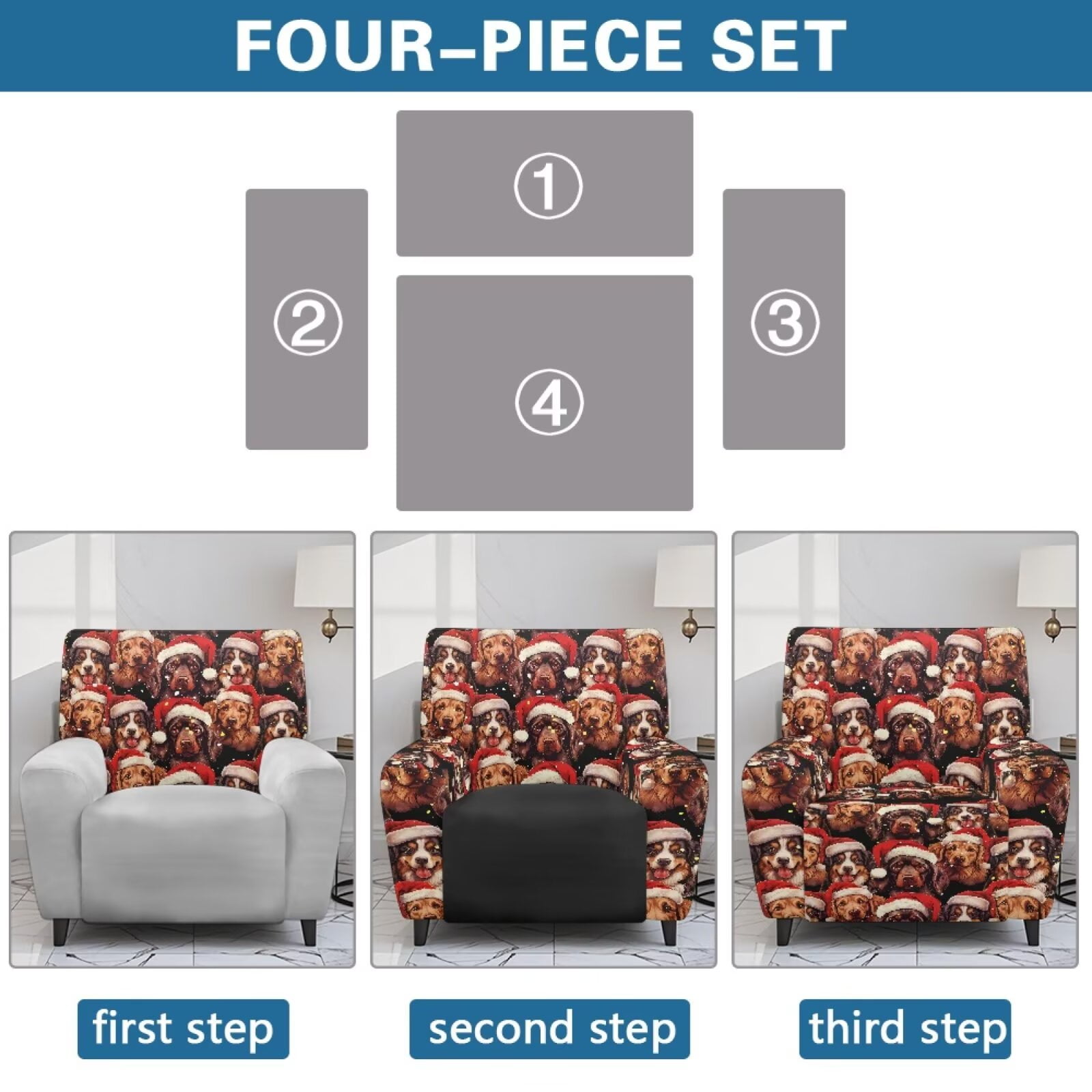 Yuyamidu Christmas Reclining Chair Covers 4 Pieces Dachshund Recliner Sofa Slipcovers with Pocket Breathable Lazyboy Cover for Recliner Chair Gift for Housewarming