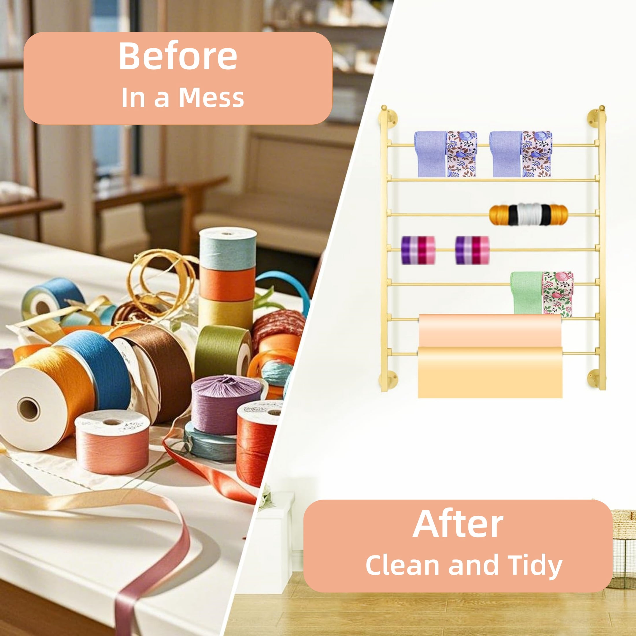 Gtouse 7 Tier Ribbon Holder Organizer, Metal Wall Mounted Ribbon Storage Rack, Gift Wrapping Paper Storage Organizer