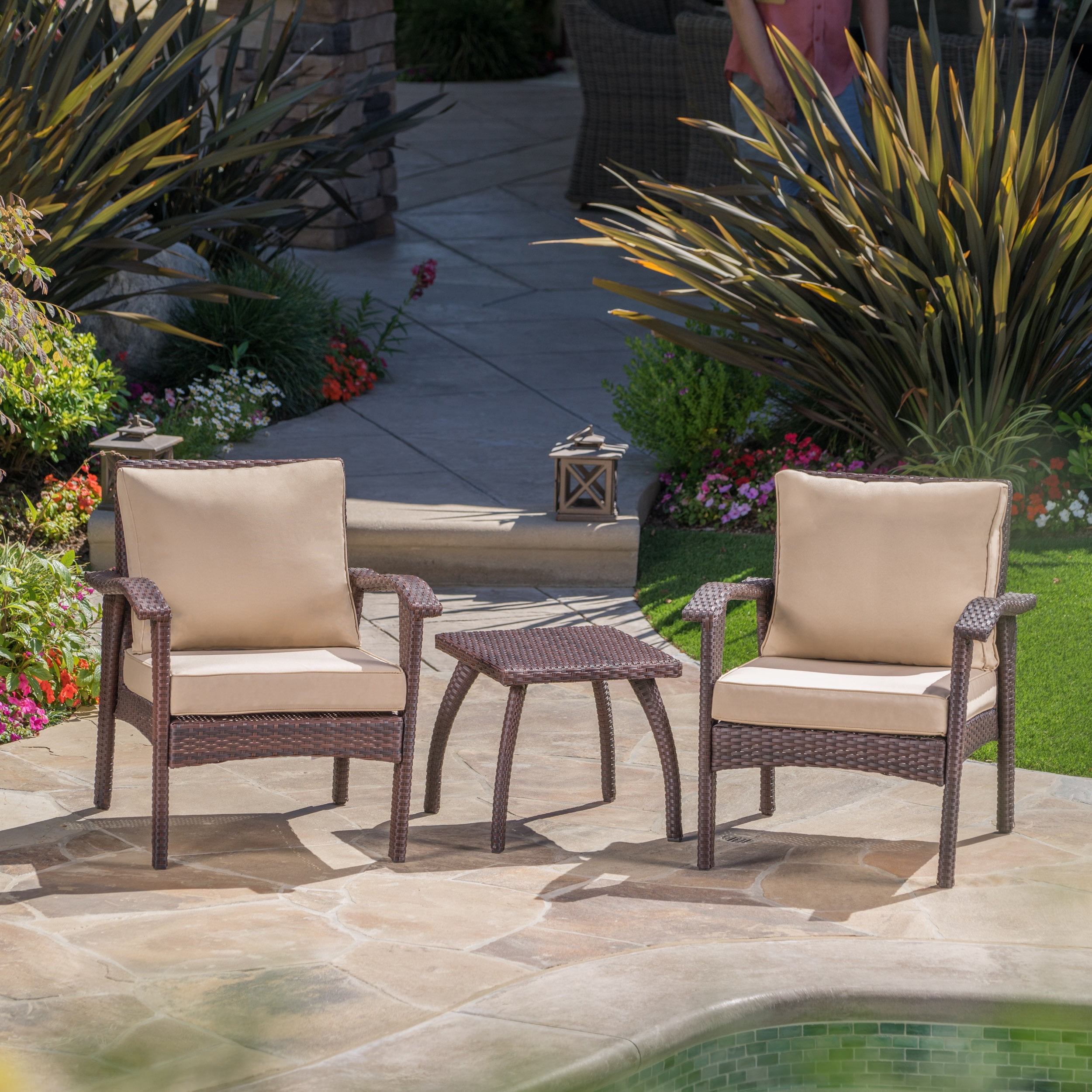Kingsfield Outdoor Wicker Club Chairs with Tan Cushions and Accent Table, Brown