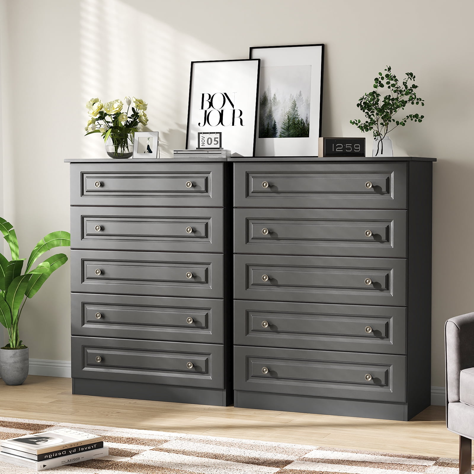 IDEALSOUL Dresser for bedroom, Black Dresser Tall dresser with Large Storage Space, 5 Drawer Dresser for Bedroom, Hallway, Entryway