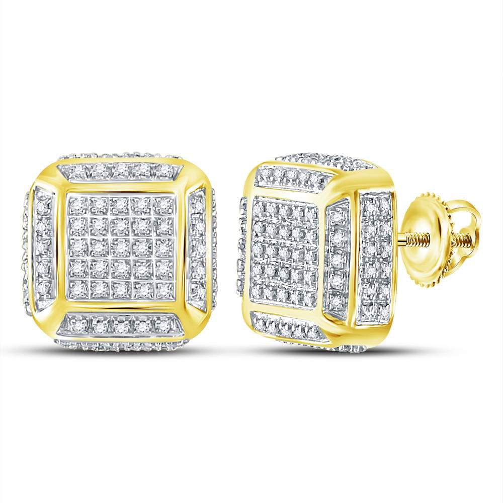 GND 10kt Yellow Gold Mens Round Diamond Square Cluster Stud Earrings
