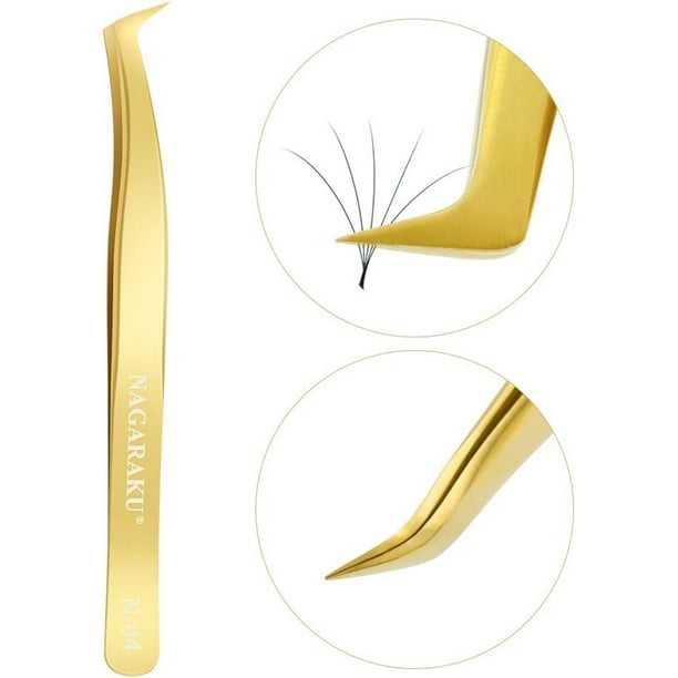 NAGARAKU Tweezers for Eyelash Extensions Gold Curved Angled Tweezer Stainless Steel Precision