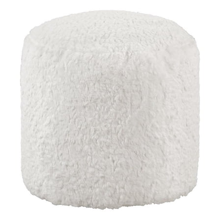 Modern Pouf Ottoman- 16 Inch Round w Fluffy Off White Faux Fur Texture