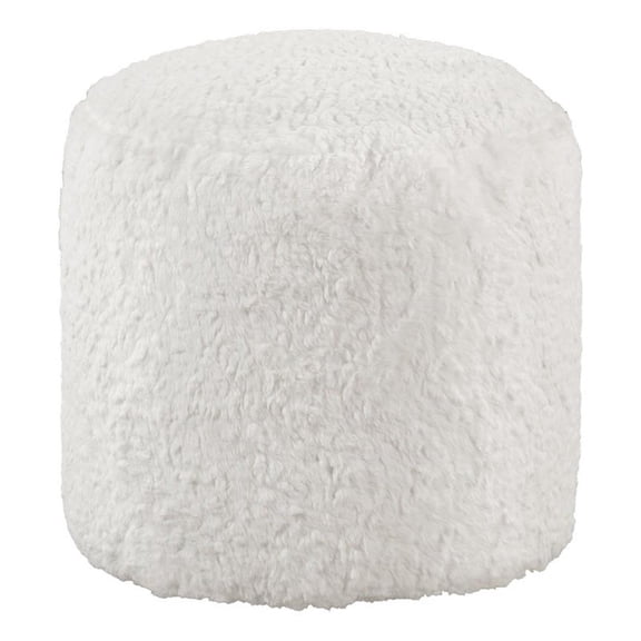 Modern Pouf Ottoman- 16 Inch Round w Fluffy Off White Faux Fur Texture