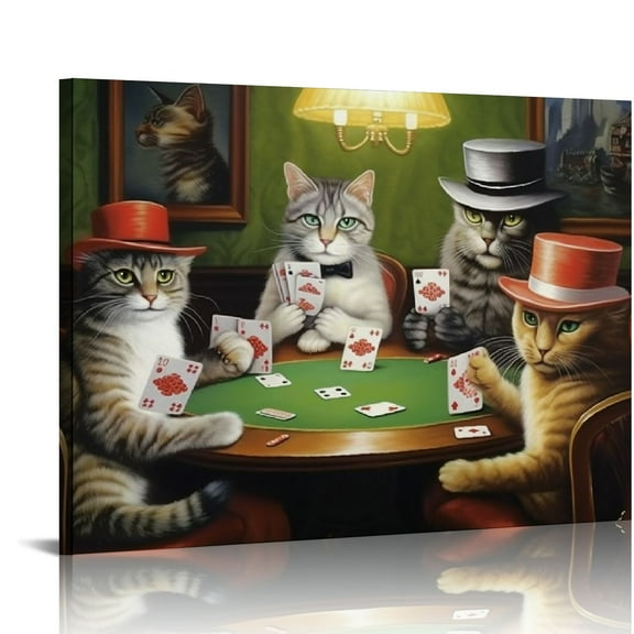 Acheng  - Canvas Wall Art - Cats Playing Poker Series - Poker Game Painting - Giclee Print Gallery Wrap Modern Home Art Ready to Hang  20x16in
