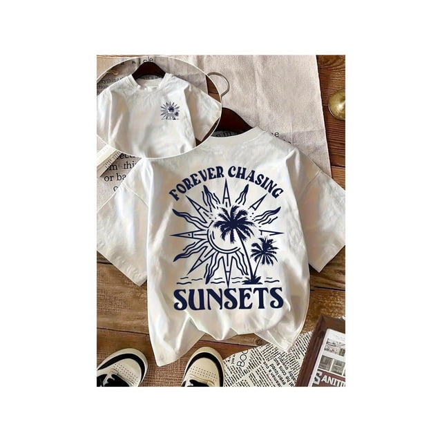 Women'S Casual Crew Neck T-Shirt with "Forever Chasing Sunsets" Palm Tree Print, Comfortable all-Season Tee, White with Blue Graphic Design, Relaxed Fit for Casual attire, outdoor activity apparel |