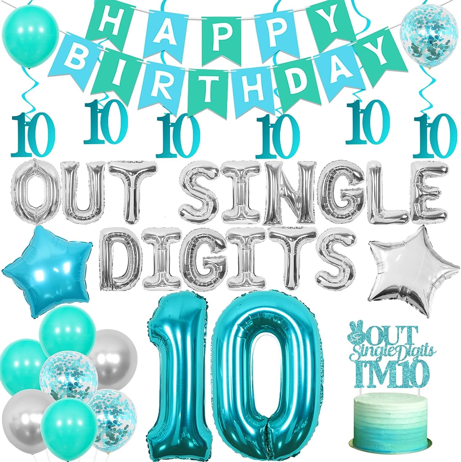 Peace Out Single Digits – Blue & Silver 10th Birthday Party Decorations Kit With Balloons & Banner