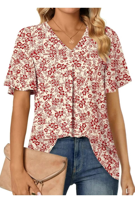 Womens Tops Dressy Blouses V Neck Short Sleeve Tunic Tops Casual Work Shirts