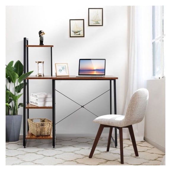 Compact Computer Desk with 4 Tier Shelves - Home Office Workstation - Study Writing Table with Storage Brown