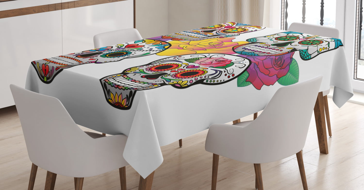 60 X 90 Ambesonne Sugar Skull Tablecloth Blue Red Ivory Pattern with Skulls and Red Roses in Floral Mexican Style Ornaments Print Rectangular Table Cover for Dining Room Kitchen Decor