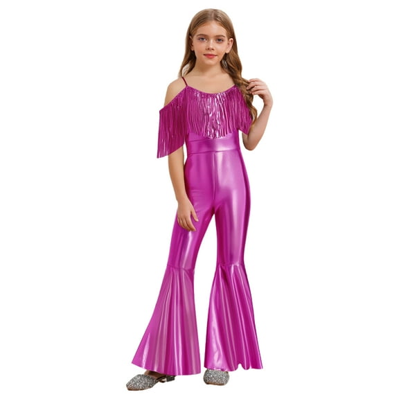 TiaoBug Kids Girls Metallic Tassels Off Shoulder Flared Jumpsuit 70s Party Hippie Disco Dance Unitards Hot Pink 8